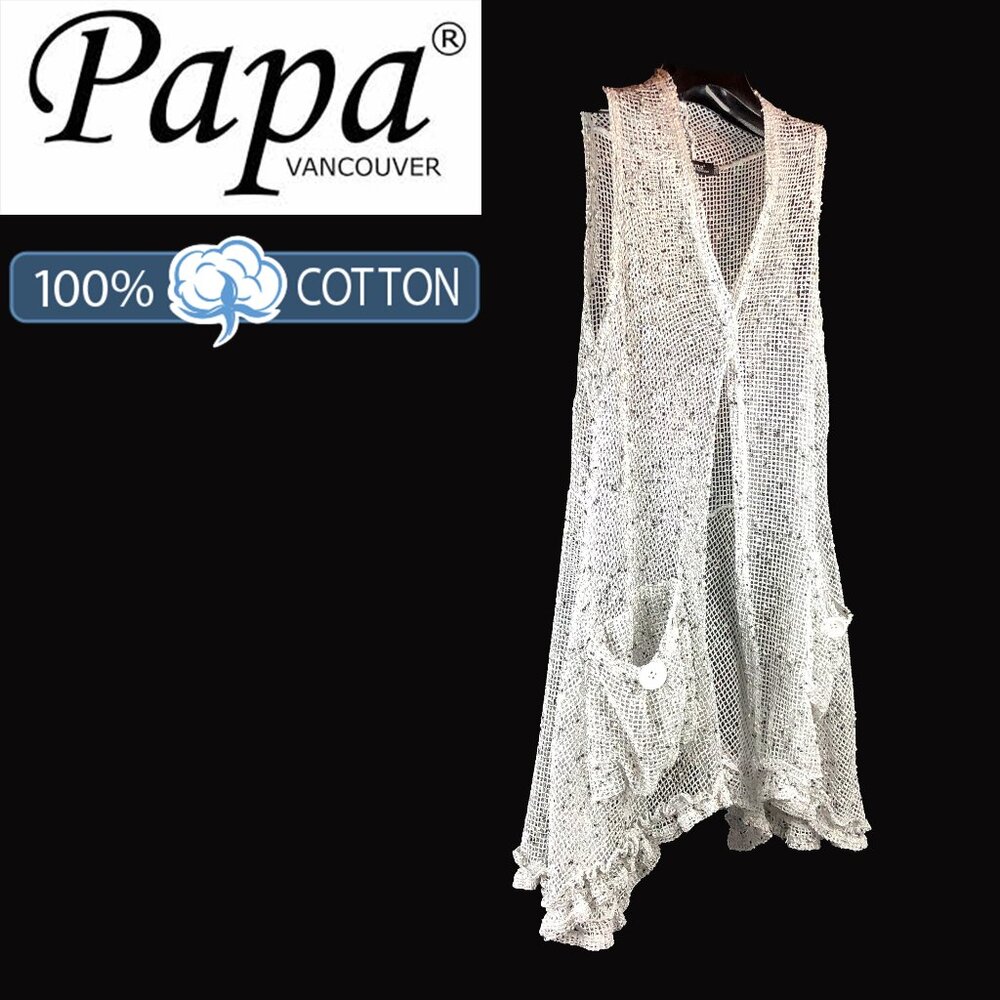 Papa Vancouver white/grey 100% cotton mesh cardigan hem frill and rise 2 pockets - Picture 2 of 8